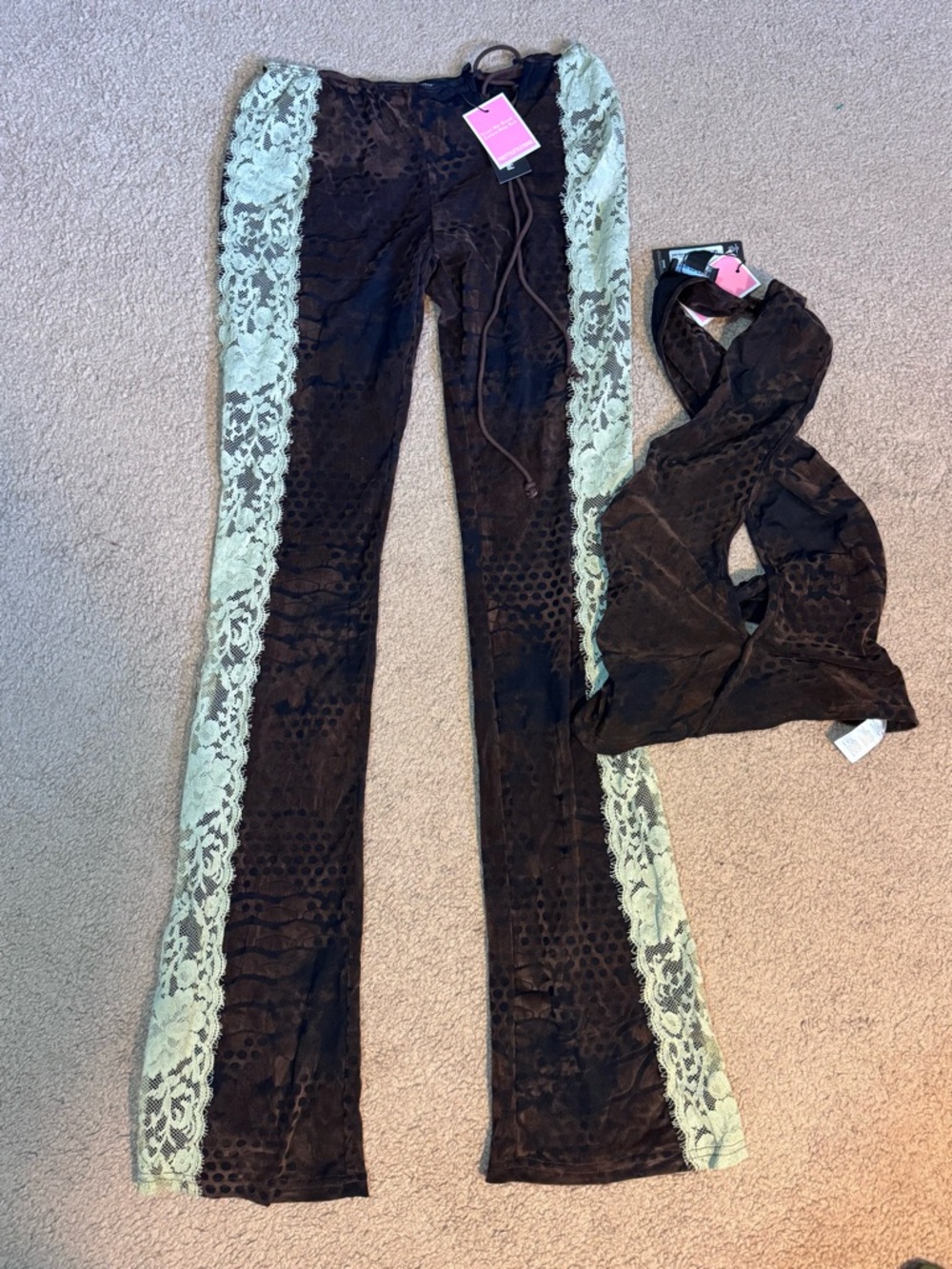 PrettyLittleThing Brown Flared Pants with Mint Lace Panels w/ Backless Halter